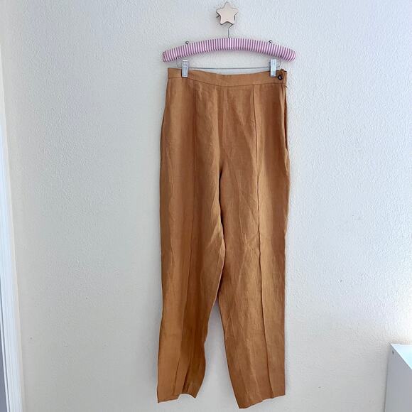 Rubinacci Vintage Camel Tan Flax Linen Wide Leg High Waist Pants Size IT 44